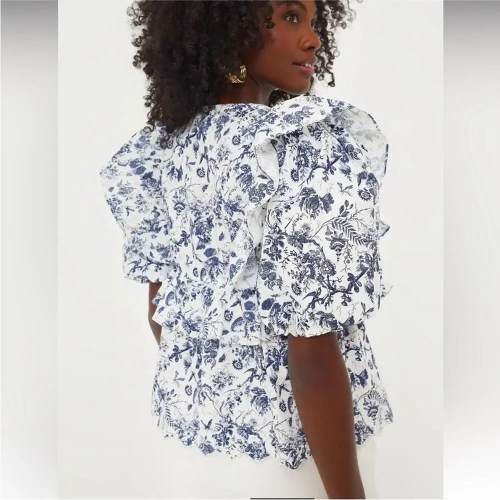 Hyacinth House Nadia Blouse Blue Floral Tuckernuck Puff Sleeve LARGE Top NWT - Picture 3 of 14